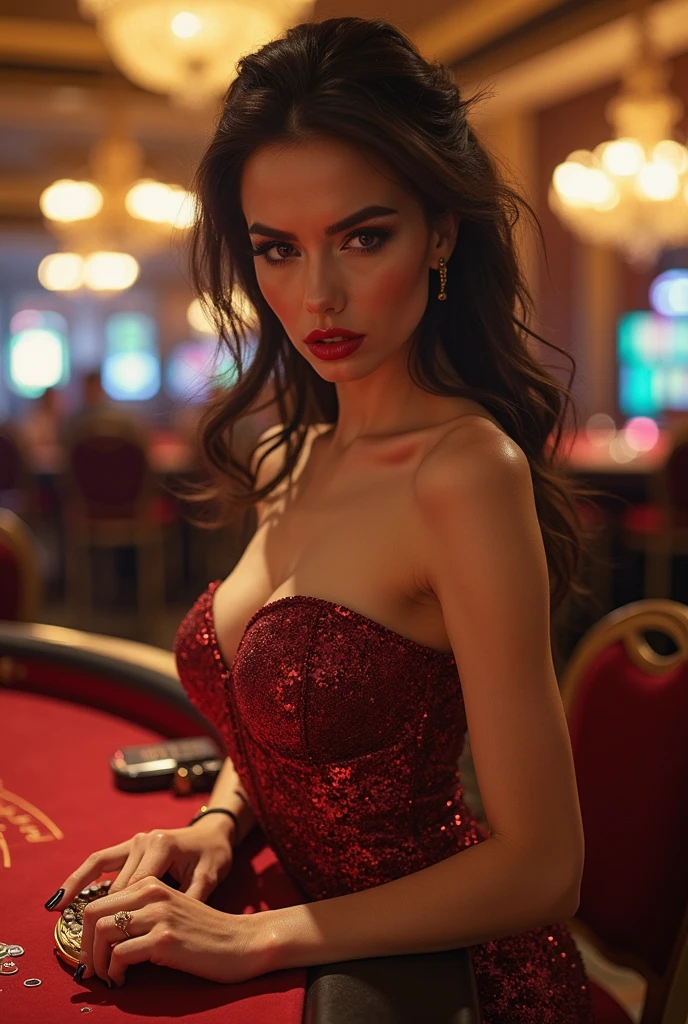 luxury styles woman 24 years tall long wavy hair, big blue eyes long eyelashes, bearded nose, voluminous lips, healthy skin, big breasts, long perfect legs, athletic body, sexy feminine, passionately dressed, elegant in Monaco casino