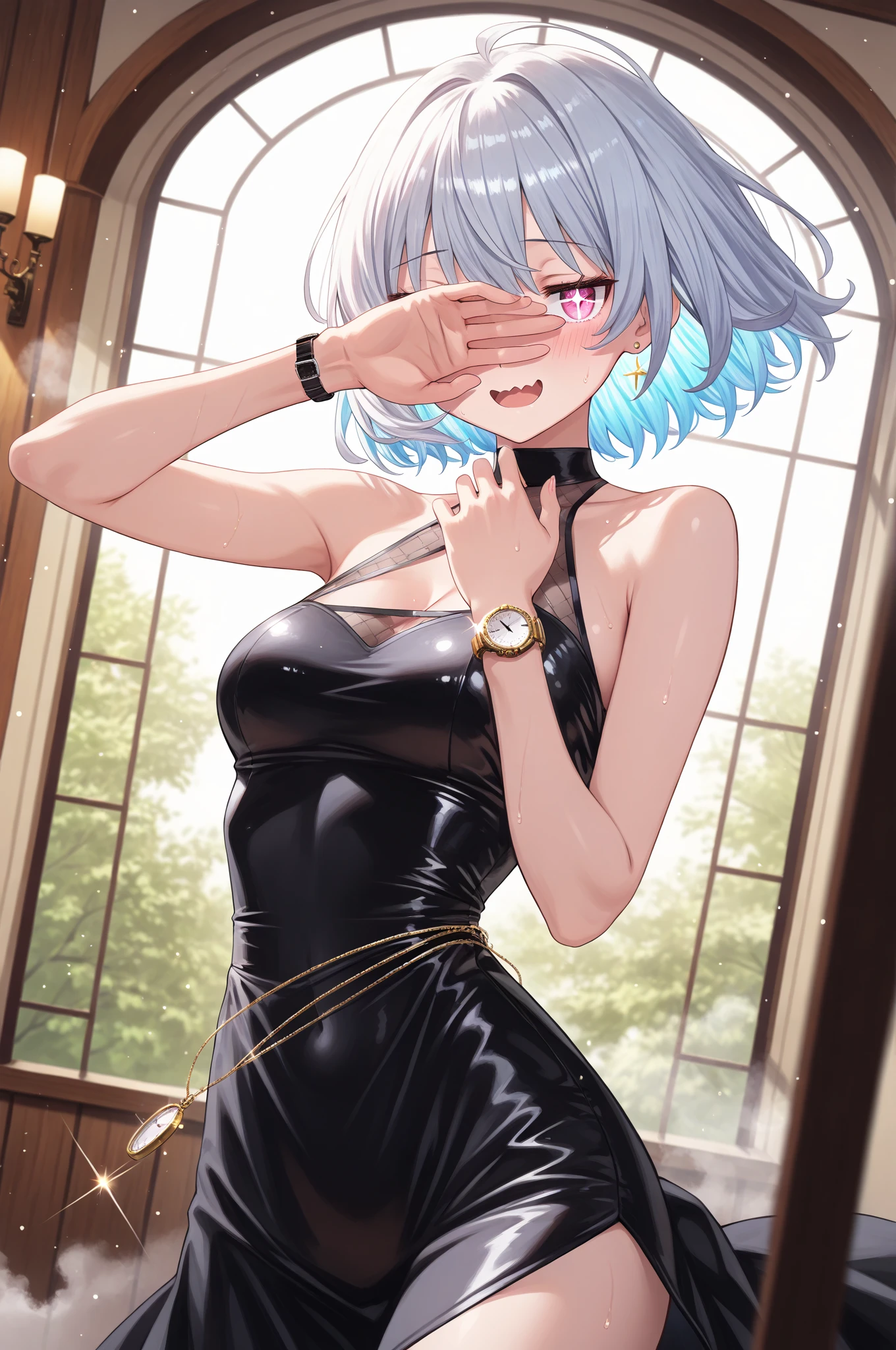 Ridiculous resolution, Ultra-detailed, Best Quality, Illustration, 8K, 超A high resolution, Gray ash hair、Pixie Short、Forehead、eye glass、Short、Tiny、Pin Heel Midnight、 slender, cum in ,straight haired、Short hair, Glasses , (((Sweat)))、turtleneck dress、skiny、Pin Heel Sandals、beauty legs、
Have a handheld game console,NOWAI、Back alley、Full body painting