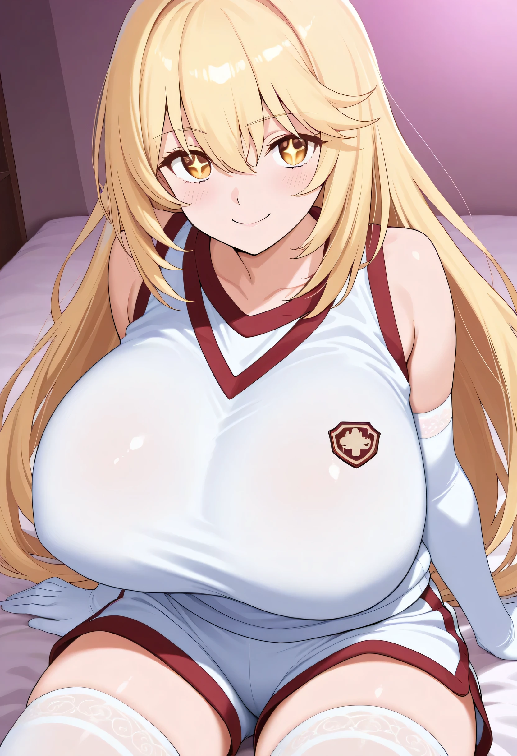 1girl, solo, looking at_in_viewer, white_gloves, elbow_gloves, white_thigh high socks, Gym_uniform, white_shirt, smile, +_+, popup, too big chewy , hyper breasts, sleeveless_shirt, brown with swe_eye, Gym_shirt, very_length_hair, closed _mouth, Naked_shoulder, Gym_shorts, white_shorts, hair_between_eye, bedroom at night, sitting, Shine_eye, Young face, anime style