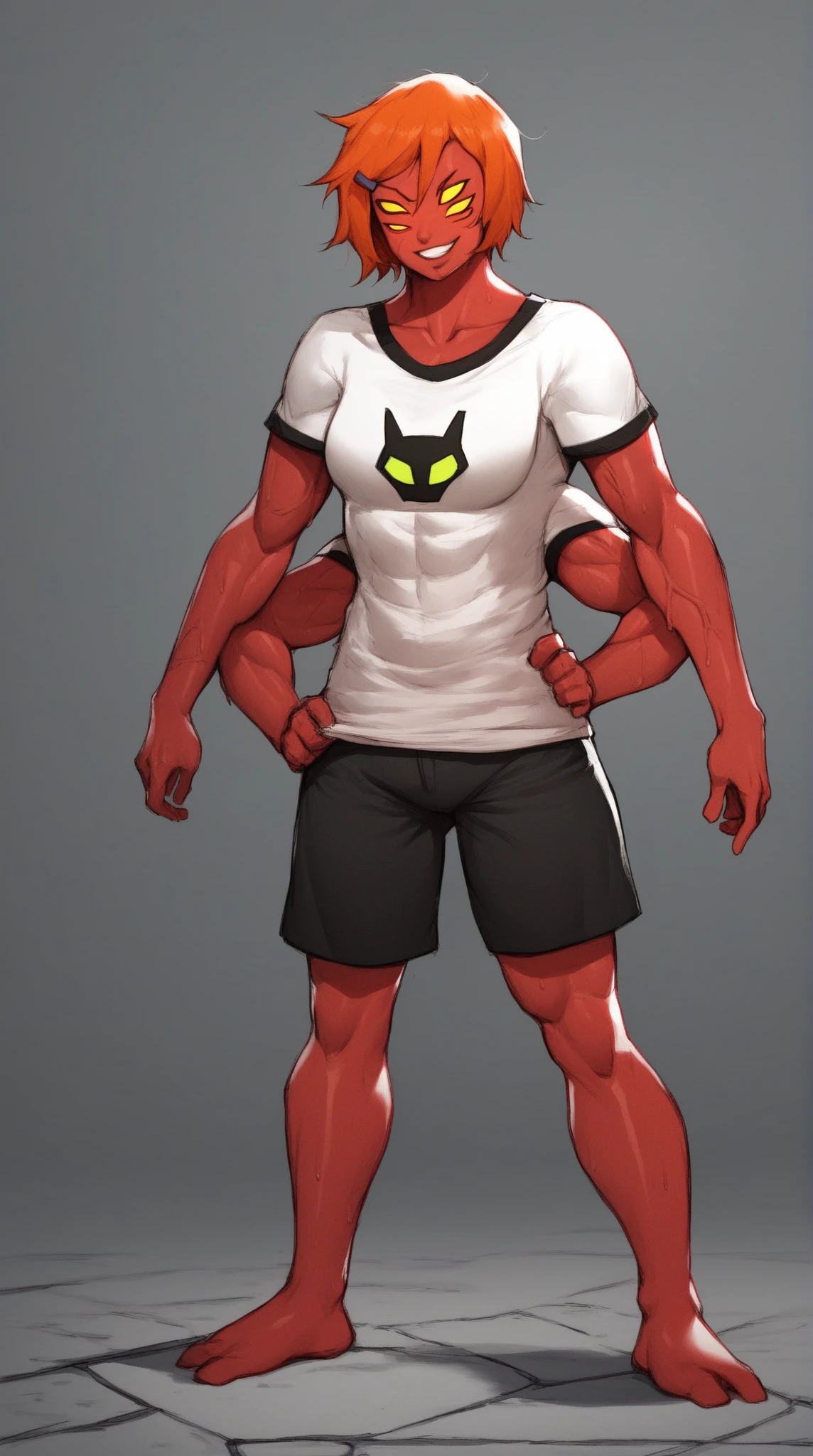 Masterpiece, best quality, Masterpiece, best quality, 1 woman , Black rabbit , Fluffy , red eyes , sly face , indifferent face , naked , abdomen , big breasts , Long legs , hands on hips , 1 man , standing next to , molest
