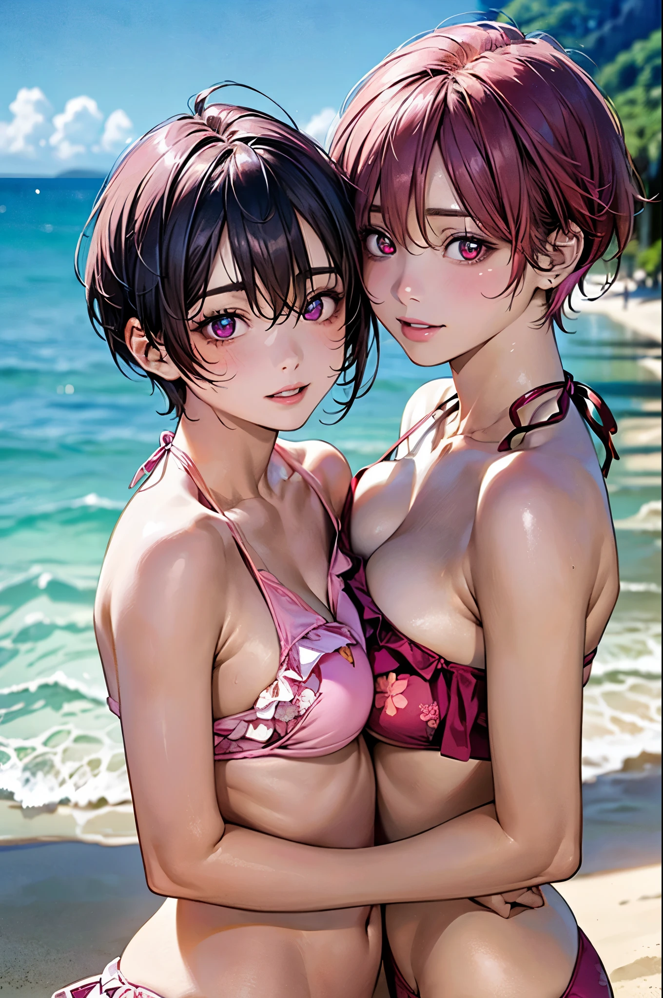 (Highest quality:1.5, High resolution, uhd, 4K, Detailed lighting, Shaders)Lunamaria Hawke 1 Girl, , short hair, Ahoge Pink hair　((Black Bikini))++　Beautiful beach