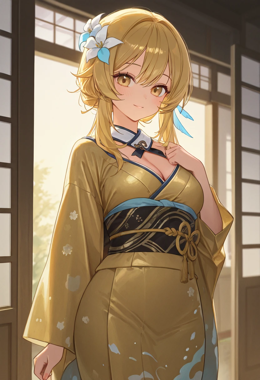 1girl, bright, blonde, light blue eyes, heart motif, star, moon, short hair, uniform bangs, multicolored hair, princess, saleme, side lights, particles of light, wallpaper, big, plump, idol, wonderful costume, kimono, kimono, yukata, loose dress, shoulder out, ha, chest, cleavage, sexy, loose fluffy, smile, gentle, clear, ,