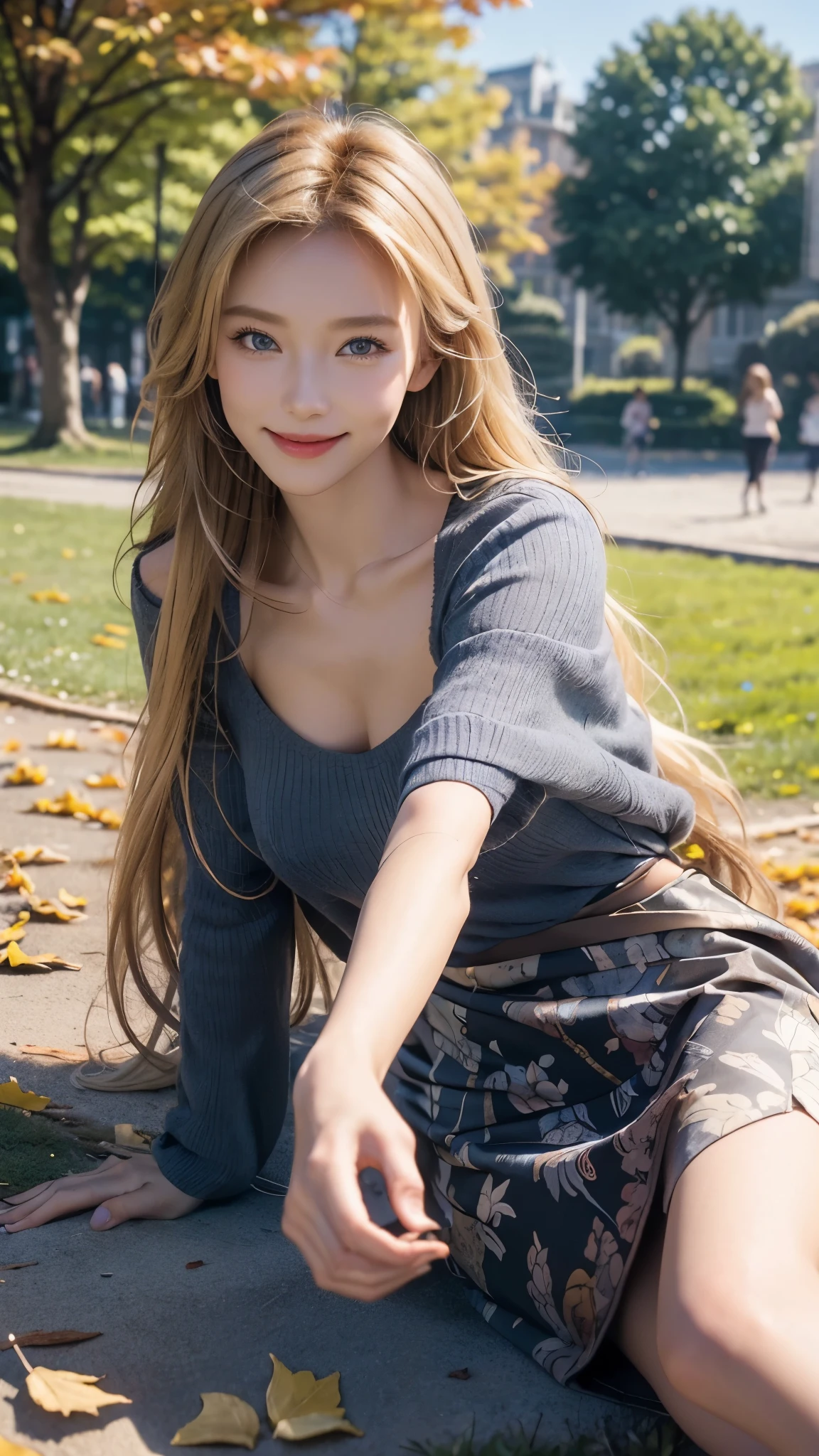 (photo realistic), highly detailed, Award-winning photography, Sharp focus,
A beautiful Scandinavian woman,
extraordinarily beautiful face, blonde,
She is sitting pettan on the ground in the park,
The ground is full of various fallen leaves,
Smiling with the best smile,