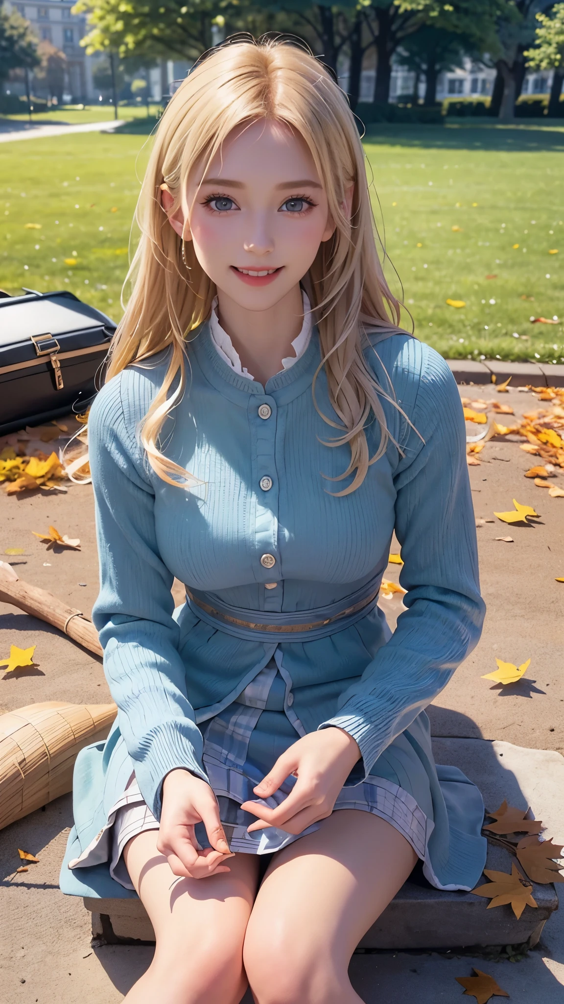 (photo realistic), highly detailed, Award-winning photography, Sharp focus,
A beautiful Scandinavian woman,
extraordinarily beautiful face, blonde,
She is sitting pettan on the ground in the park,
The ground is full of various fallen leaves,
Smiling with the best smile,