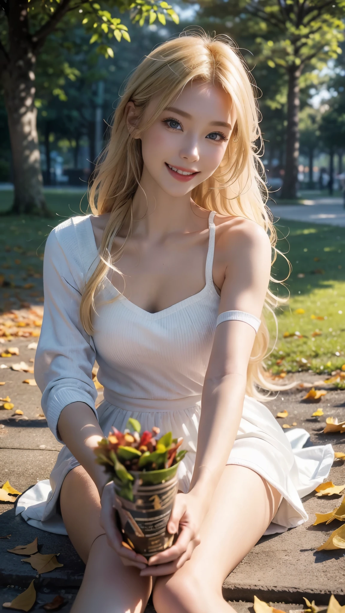 (photo realistic), highly detailed, Award-winning photography, Sharp focus,
A beautiful Scandinavian woman,
extraordinarily beautiful face, blonde,
She is sitting pettan on the ground in the park,
The ground is full of various fallen leaves,
Smiling with the best smile,