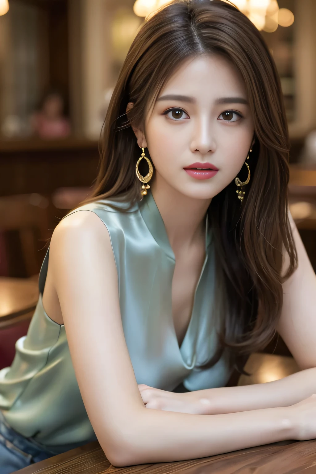 masterpiece, Highest quality, Realistic, Very detailed, Finer details, High resolution, 8k wallpaper, One beautiful woman, Wear a pretty colored silk shirt, In a great restaurant, At night, Light brown messy hair, Perfect dynamic composition, Beautiful and beautiful eyes、Big earrings、chest、Sleeveless shirt、