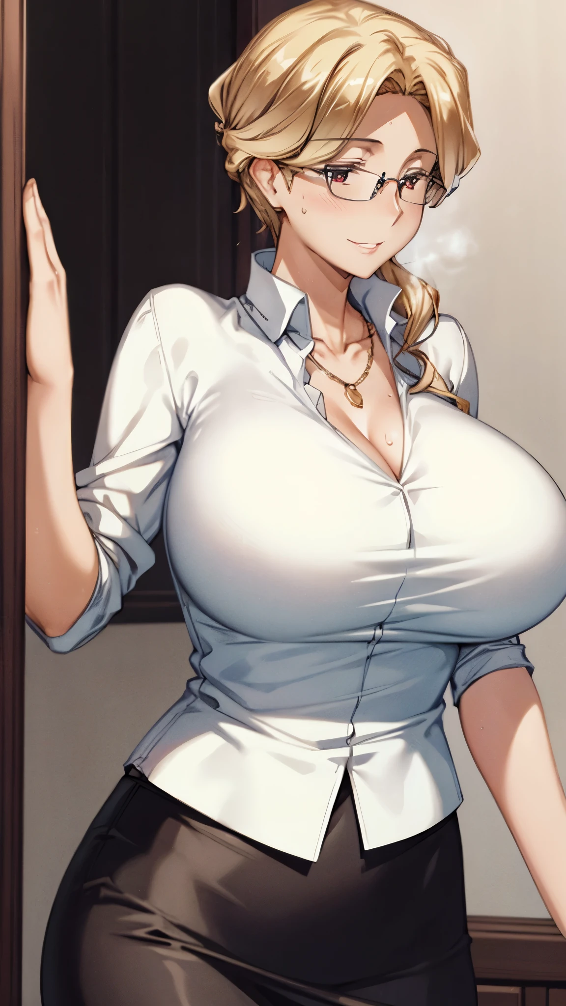 (super quality,Ultra High Definition,16k,Super Masterpiece,Ultra HD ,detailed shading and background,) upper body shot from below,sexy mature woman, Gold,glasses,sexy white shirt with folded sleeves,tight tight skirt,cleavage,necklace,Big Breasts,cover,A sweet smile,thick lips with Nozomi,red lipstick,sweaty hands and chest,dark background,Coming out of the door,place one hand on the side of your head,