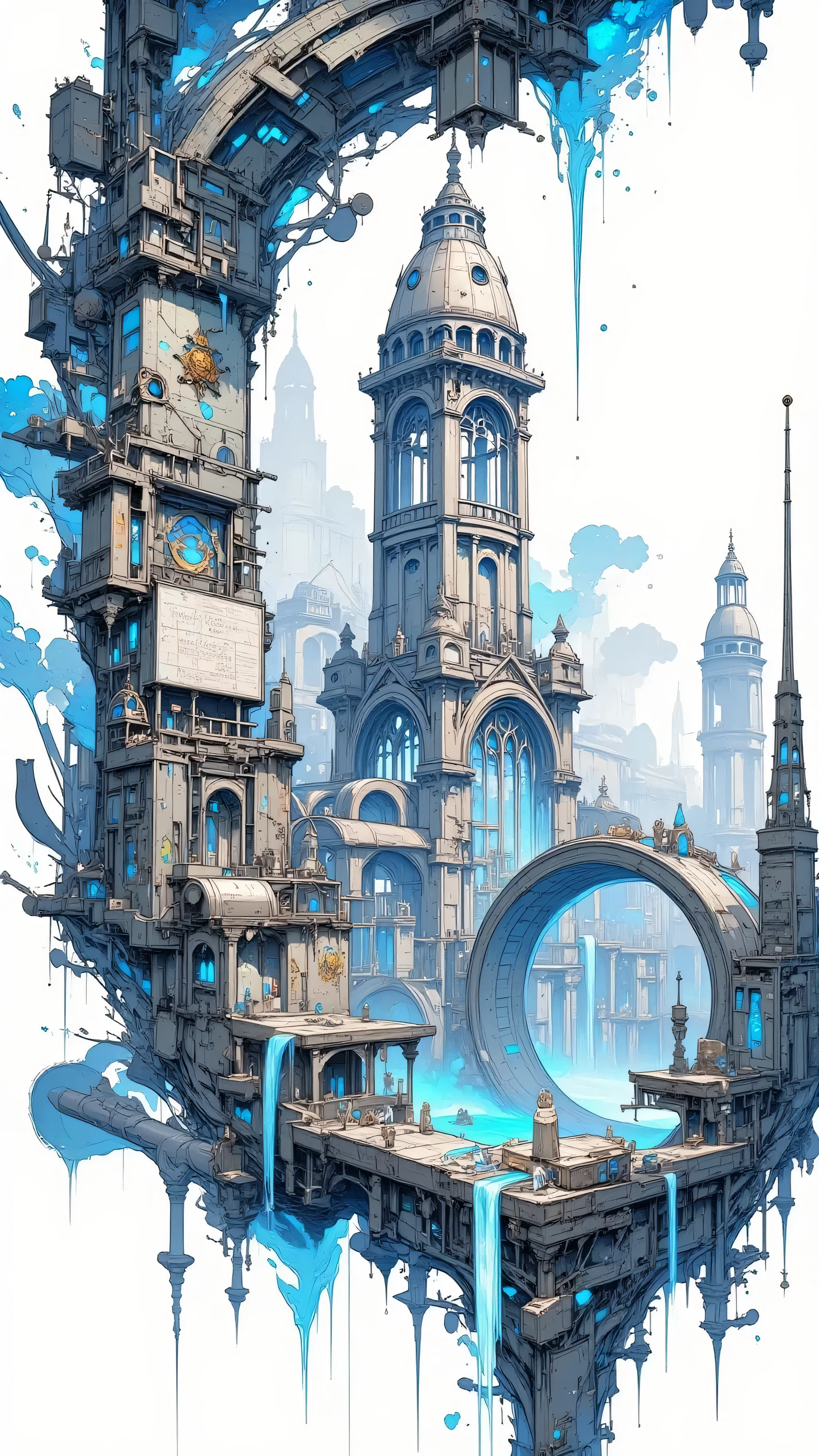 Distant shot of a ruined magical metropolis half-swallowed by nature. Massive crumbling towers, broken floating islands, and giant arcane rings hovering mid-air. Fog creeps through the streets. A melancholic and post-magical atmosphere. --ar 21:9 --v 5 --style detailed