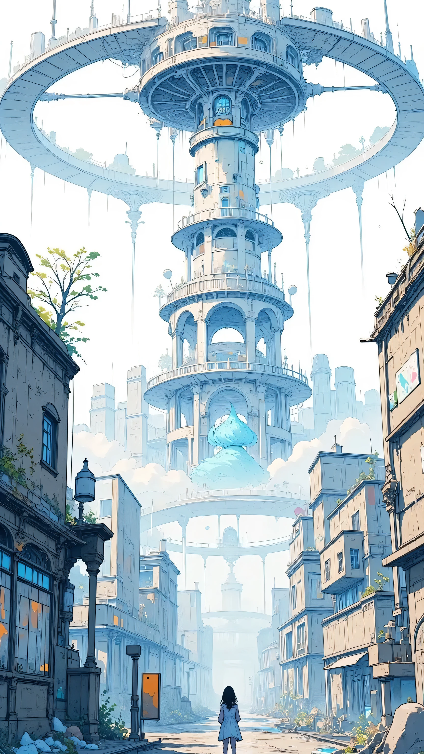 Distant shot of a ruined magical metropolis half-swallowed by nature. Massive crumbling towers, broken floating islands, and giant arcane rings hovering mid-air. Fog creeps through the streets. A melancholic and post-magical atmosphere. --ar 21:9 --v 5 --style detailed