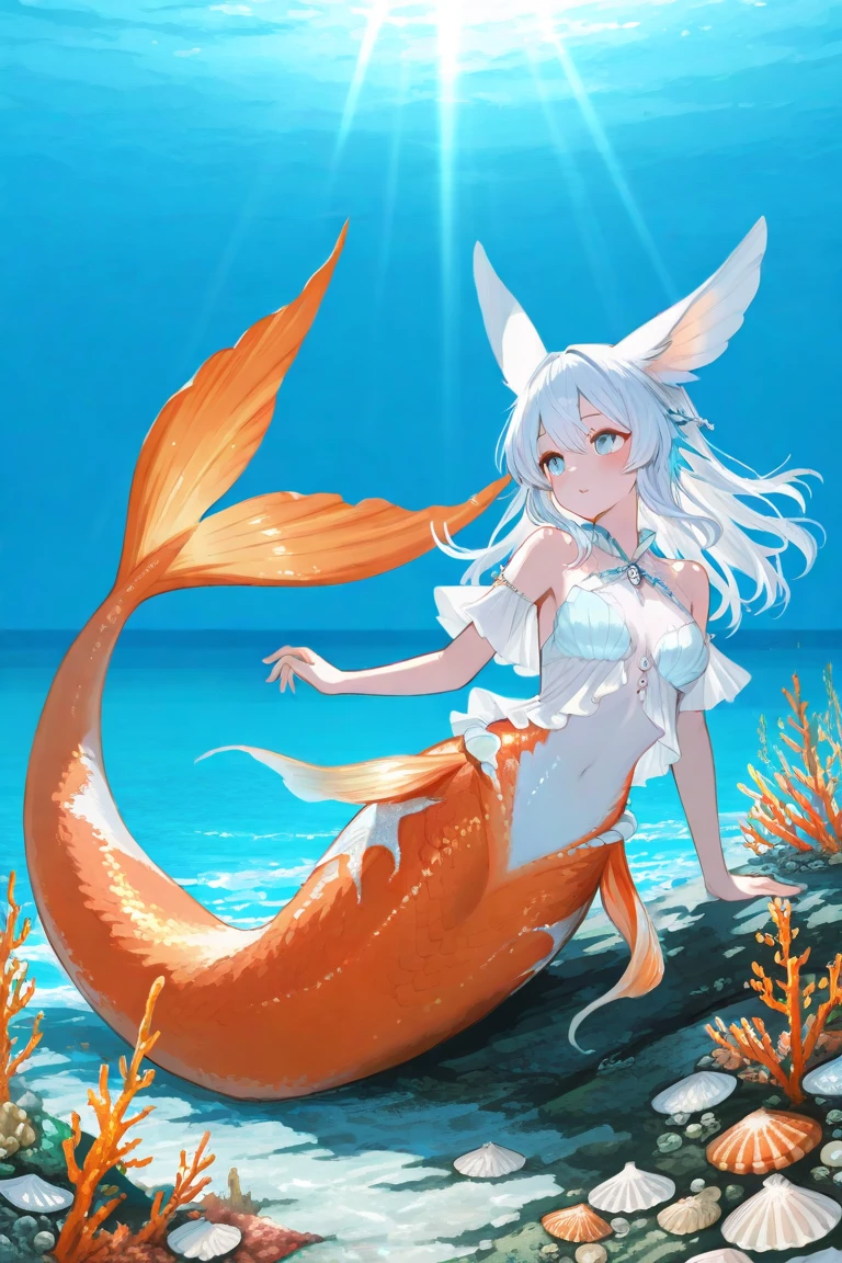 Pretty anthropomorphic mouse girl magically transformed into a beautiful mermaid, race swap, sharp teeth, is smiling, drawn in anime style, steampunk, fishlike, very long curly white hair, red eyes, white fur, slim body, whiskers, mouse ears, long mermaid tail below waistline, knee less, shimmering cyan fish scales, pelvic and dorsal fins, a pair of fish gills on her torso, seashells bra, pearl earrings and bracelets, pearl necklace, joyful expression, playful mermaid poses, sparkling water, water reflections, ethereal atmosphere, subtle glow, whimsical and enchanting, resting on a rock, ocean surface, Highly detailed, masterpiece, high quality, 4K.