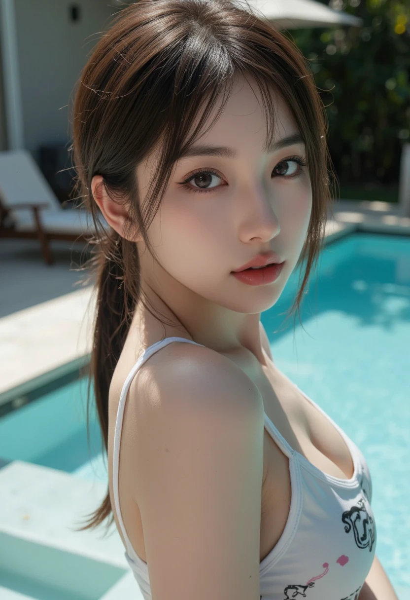 (masterpiece:1.2,highest quality),Shooting with a prime lens,blur the background,1 High school girl,(big breasts),cute swimwear,brown hair,ponytail,detailed and beautiful eyes,blushing face,healthy skin,looking at the viewer,Troublesome pose,sexy look,(pool),8K resolution