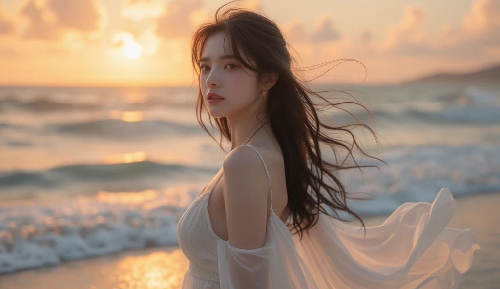 Sunset lighting, (best quality), (model), Backlight, There is light on the face, (quality improvement), Delicate eyes, Delicate face, good quality eyes,A gentle breeze ruffles the hair,Melancholy charming facial expression,Cool temperament