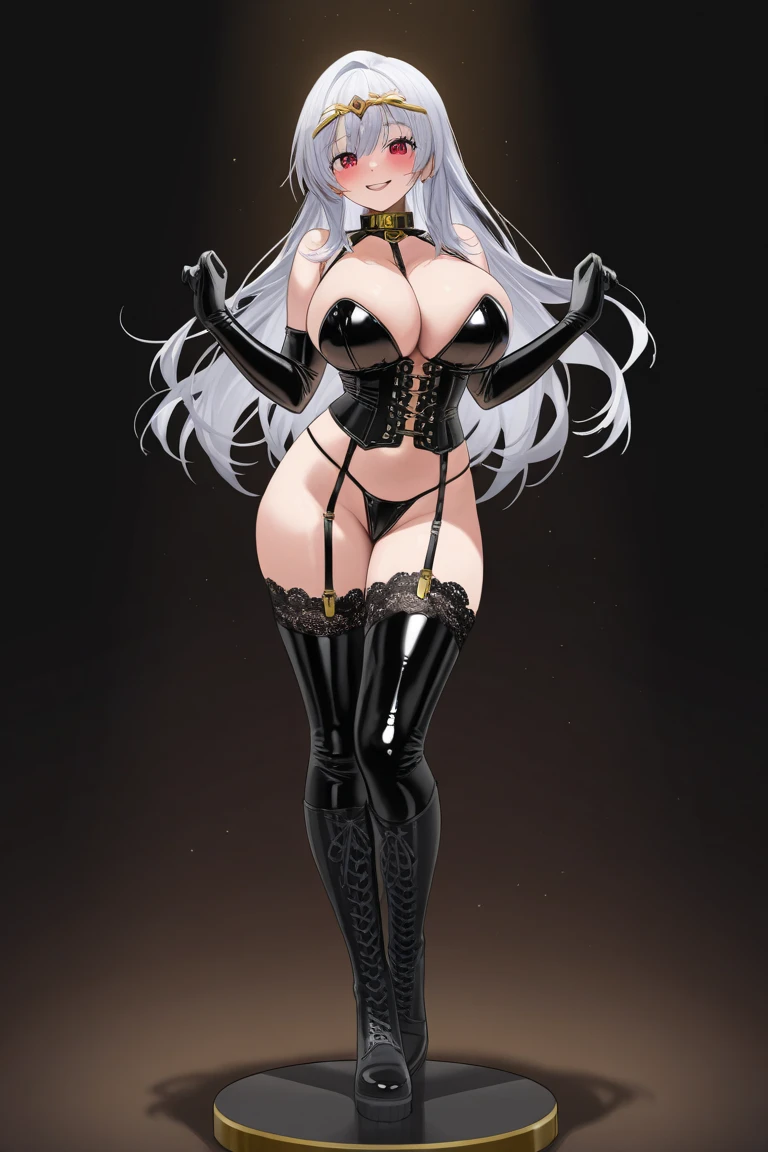 score_9, score_8_up, source_アニメ,blunt bangs,ponytail,Yellow Eyes,Gray Hair,very Big Breasts,((1girl)),White background,areola,oiled skin,sharp eye,,shiny skin,white background,Erect nipples,High heels,shiny skin,Estrus,empty eye,corset,gloves,front view,corset,Gothic,Expressionless,slingshot swimsuit,mini skirt,Magical girl,Intense masturbation