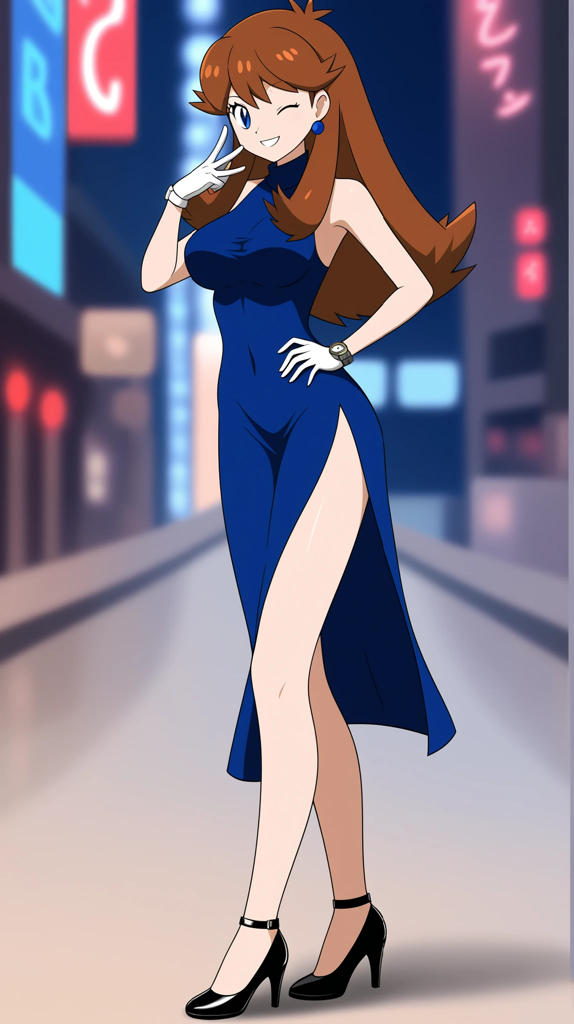 ((Best Quality)), ((masterpiece)), ((details)), 1girl, two legs, two arms, orange brown hair color, long hair, blue eyes, Big Breasts, tall, slim figure, anime coloring book, One hand on hip pose, slit dress, beautiful feet, thigh, black high heels, blue earrings, sexy smile, seductive smile, wink, closes one eye, watch viewers, standing, 1 Female, Age 18, Three idiot hairs , bangs, full body, slim figure, City, (\Pokemon\), score_9, score_8_excellent, score_7_excellent, score_6_excellent, source_anime, cell shading, flat color, vector,