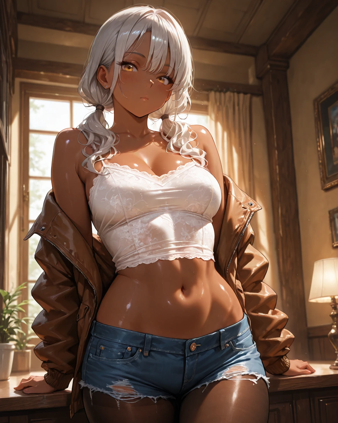Under boobs,(masutepiece), Best Quality, Extremely detailed, (watercolor paiting), bloom, Delicate and beautiful, Illustration, (From below),(1girl in:1.4), (Solo:1.2), Large breasts, (Ribbed white sweater:1.3), off-the-shoulder white sweater, (Short shorts:1.2), Bare shoulders, (underboob:1.5), ((Dark skin:0.8)), Beautiful eyes, (disheveled hair ), modeled, over-the-shoulder shot, by Alex Maleev, Professional, Canon Camera, Nikon Camera, sharp, Bokeh, Studio Quality, fish-eye lens, by Robert Capa ,