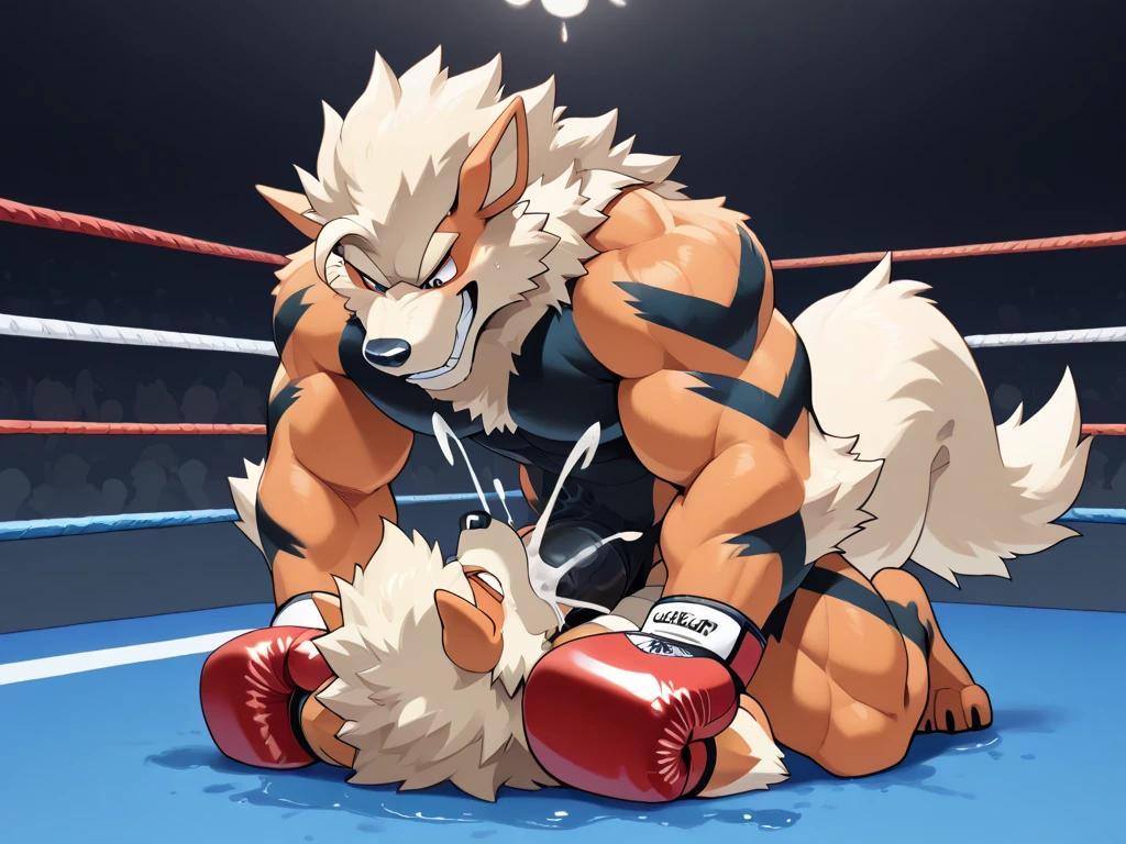 Duo male(Fox Mcloud vs Wolf O'donnell, handsomes, Thick eyebrows), gay(lying down on the ground, back on body, cuddling embraced, on a UFC match), hot(Shirtless), handsomes(They are handsomes, correct anatomy), musculosos(Big muscle bodies, Six packs, muscle abs, big pecs, muscle backs, muscle legs), sweaty(very sweaty wet bodies, shiny sweat), tatuajes(they have tattoos), Grumpy(Both have an grumpy expression, growling, grumpy teeths, steaming breath), UFC gloves(They both are wearing UFC gloves), UFC boxers(They both are wearing UFC boxers), Hight resolution, by(Zourik:1.1)