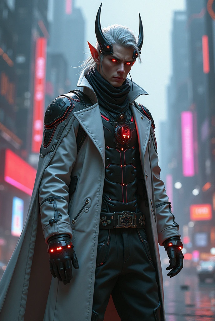 a bionic vampire in a cyberpunk environment, sharp fangs, black cape, neon lights, (best quality,4k,8k,highres,masterpiece:1.2),ultra-detailed,(realistic,photorealistic,photo-realistic:1.37),ultra-detailed fangs, extremely detailed bionic cyberpunk vampire, dark moody cyberpunk scene, dramatic lighting, intricate mechanical details, glowing neon lights, black leather cape, intense red eyes, sharp claws, highly detailed skin texture, cinematic lighting, atmospheric fog, moody color palette