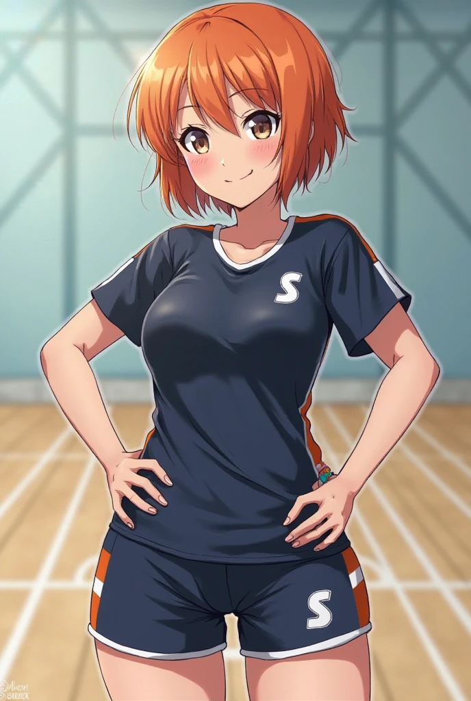 masterpiece, highest quality, Short girl, Red hair, Twin tails,witch, Please describe in detail the moment during gymnastics practice when a gymnast is standing on the floor, placing their hands down and arching their back, resembling the shape of a shrimp.