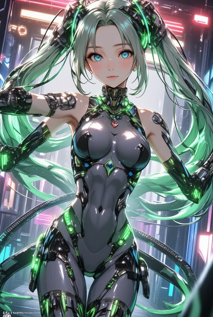 A cyberpunk-inspired goddess merging technology and nature, her body adorned with bioluminescent tattoos, circuits intertwining with vines, and a neural interface glowing beneath her skin, overlooking a cityscape blending neon lights with organic elements.