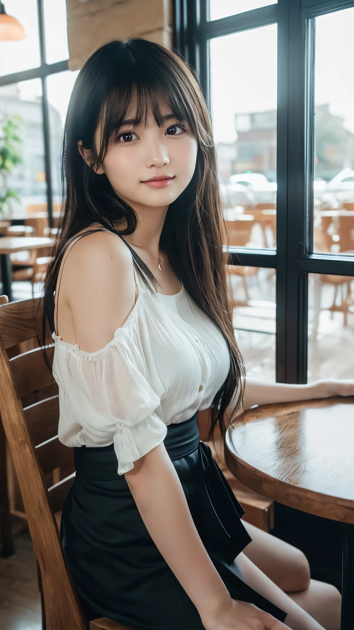 NSFW, (8K, Best quality, Masterpiece:1.2), (Realistic, photo-realistic:1.37), Ultra-detailed, 1 girl, view the viewer, Cute, Beautiful detailed sky, Detailed Cafe, Sit down at the dining table for afternoon tea, full bodyesbian, (Smile:1.15), Closed mouth, Medium breasts, Bursting shirt buttons, Beautiful detailed eyes, (Collared shirt:1.1), Daytime, Sunshine, White lace, (Long hair:1.4), Shoulder-length hair, Silver hair, uniform, White skin, Cinematic light, the street lights, (The hottest actress:1.4), entire body image, (Tea table:1),(carryng bag:1), ulzang-6500-v1.1:0.3, karinak-4501-6300:1.2
