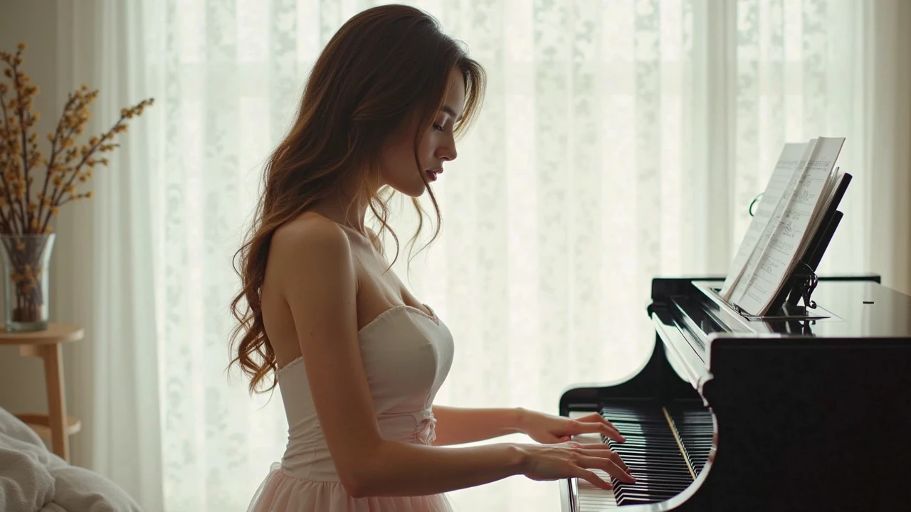 Woman in black dress sitting on a piano in the room,There are mirrors, Pianist, Play the piano, piano, Sexy girl, Yoshitomo Nara, pianos, elegant seducing pose, piano in the background, jia, Sexy pose, soft. High quality, Charming, Lovely woman, high-quality picture, Also, seductiv, ( Ultra photo realsisim ), Delightful