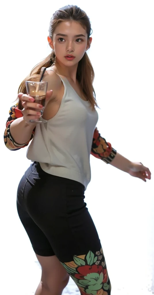 distance from view, back view, angle view, With a mischievous smile, a ((Stylish happy girl wearing boyfriend white jeans)) with brunette hair age 18-25 with sunglasses holds up a glass of cognac to her boyfriend, teasing him with a playful toast on his birthday, the amber liquid swirling in the glass like a miniature whirlpool. She is in a doggy-style position overlooking the glass, while easily looking at her own buttocks. She is in a doggy-style position, gazing out at the glass.