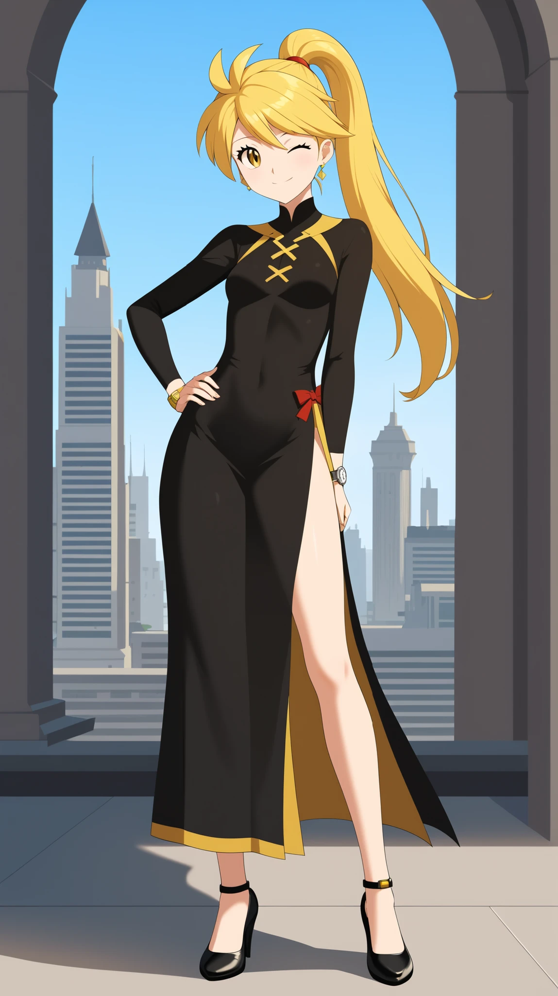 ((Best Quality)), ((masterpiece)), ((details)), 1girl, two legs, two arms, golden hair color, ponytail, long hair, yellow eyes, tall, anime coloring book, 1 Female, Age 18, small , One hand on hip pose, slit dress, beautiful feet, thigh, black high heels, yellow earrings, sexy smile, seductive smile, watch viewers, wink, closes one eye, standing, full body, slim figure, City, (\Pokemon\), score_9, score_8_excellent, score_7_excellent, score_6_excellent, source_anime, cell shading, flat color, vector,