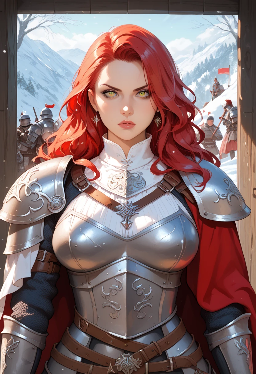 red haired anime woman wearing mercenary armor and a red sword, cold eyes and expressions, medieval themes, dark fantasy vibes, intimidating warrior, light novel artwork , cool, detailed, yellow eyes, alluring, seductive, mature, swordswoman, poster shot, snowy background, anime style artwork, only include the red haired woman in artwork 