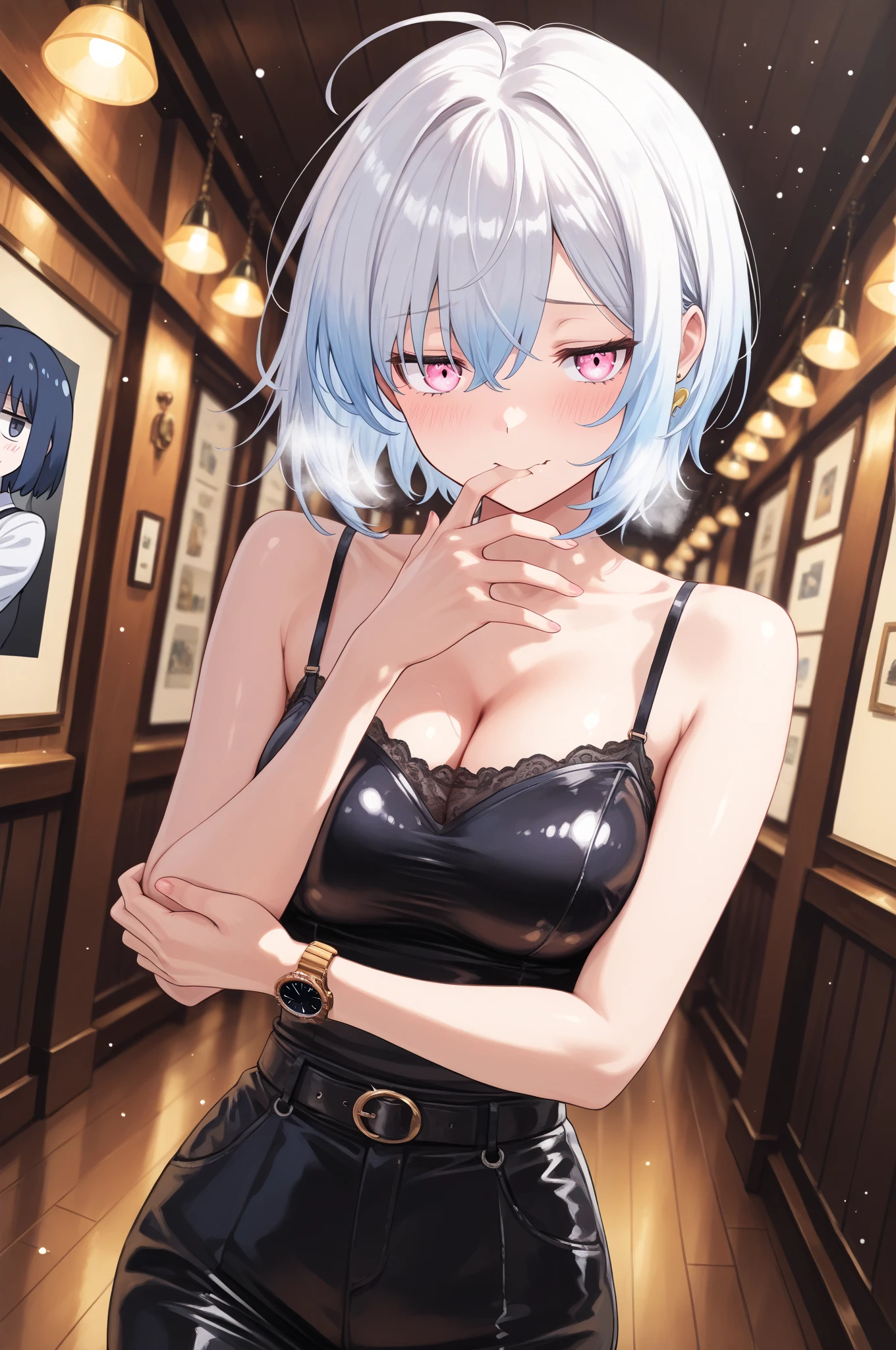 ベランダでBlowjobするメテオラ、Super detailed、Particles of light:0.5、Shiny and smooth skin texture、Put your hands on the railing、Beautiful Eyes、Silver Hair、Blue Eyes、Blowjob、Open your mouth and stick out your tongue、Natural Texture、Short Hair、、Mature slender beauty、Small breasts、Dignified face、、Breasts are visible when slouching、Licking the male genitalia with the tongue、hold the penis with one's hand、Small breasts、slight chest、Re:Meteora by CREATORS