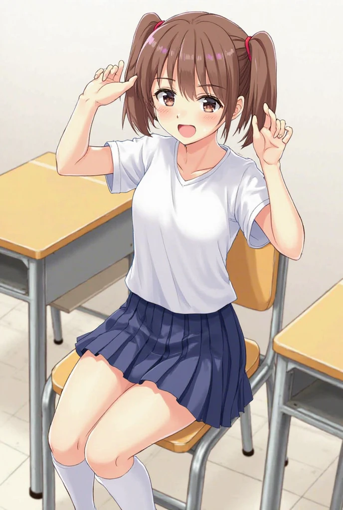 Troubled expression Raise hand Maki Horikita Beautiful girl Junior high school student White tank top Navel exposed Beautiful legs Track and field appearance Club activities Japanese classroom Small breasts Slender short stature Short hair Brown hair Whole body visible Sitting on desk Composition seen from below