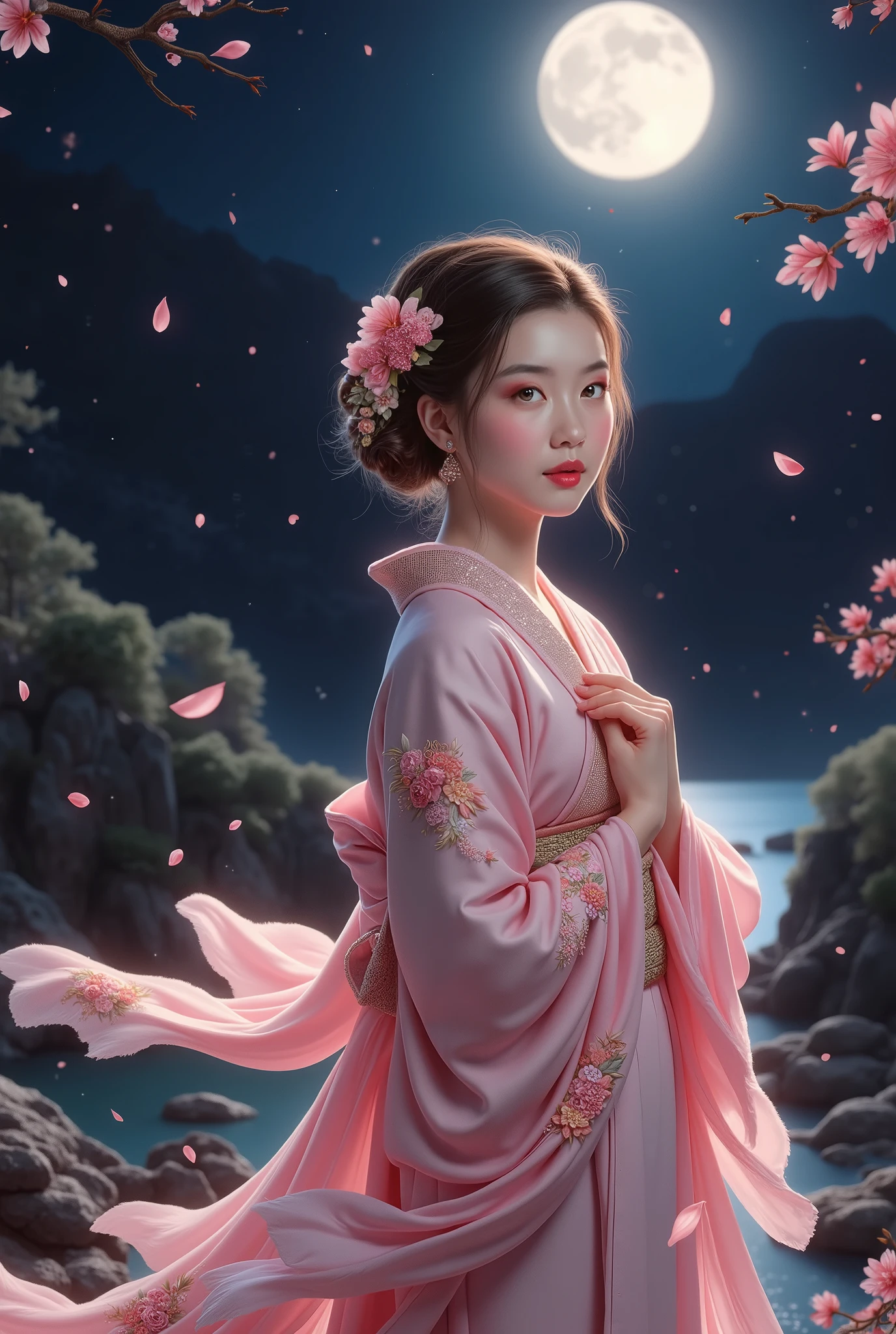 (soft pink kimono with delicate floral embroidery, flowing translucent shawl, subtle golden hairpin)
(gracefully tilting head upward, eyes reflecting sunlight, serene expression, hands gently touching collar, long hair slightly swaying in the breeze)
(mystical night scenery, full moon casting ethereal glow on face, illuminated cherry blossoms, petals drifting in the air, dark surroundings enhancing the luminous contrast)
,UHD, retina, masterpiece, accurate, anatomically correct, textured skin, super detail, high details, high quality, award winning, best quality, highres, 1080P, 16k,Kimono_FuturEvoLab