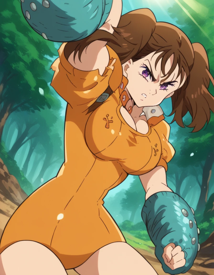 (obra maestra, mejor calidad), 1chica, Diane( seven deadly sins), deslumbrante, smile showing her playful and sweet personality, big breast, posed laying down on her back with her legs spread wide open for display, while she’s pinching her with clamps. detailed lips with highly detailed outlines, topless. Detailed and outlined boobs . Twintails. Purple eyes.(NSFW+)armpits. Feet. Sunny day in the forest. Wearing lots of kinky accessories that don’t cover up her body