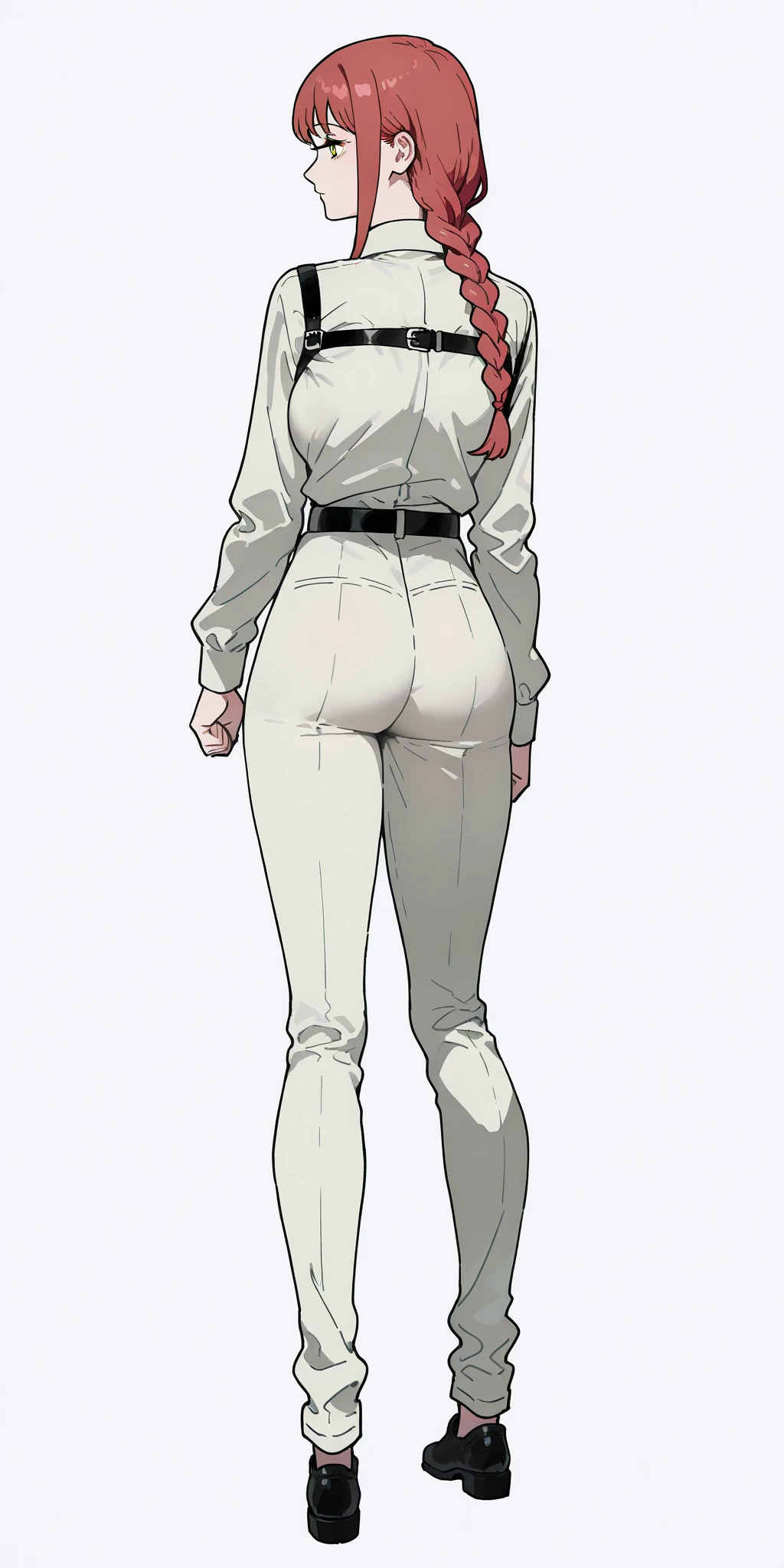 A tall woman, huge, sexy, beauty, tenderness, red hair, two parts, her light red eye, big black eyelash, dresses in a red top, long sleeves, shows her navel and gray pants, wearing a black belt and a brown boot.