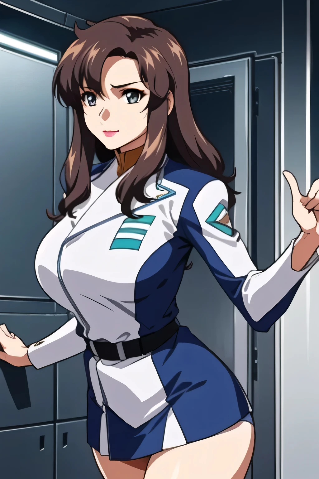 (livingroom background), sexy pose, military uniform, military,jacket,blue and white uniform,Skirt, (black_pantyhose:1.3), Murrue Ramius, mature woman, anime cels style, best quality, high resolution, 1girl, (huge breasts:1.2), beautiful face, Beautiful Finger, Beautiful long legs, Beautiful body, Beautiful Nose,Beautiful character design, bangs, brown hair, long hair, red eyes, lipstick, makeup, (cowboy shot), smiling, looking at viewer