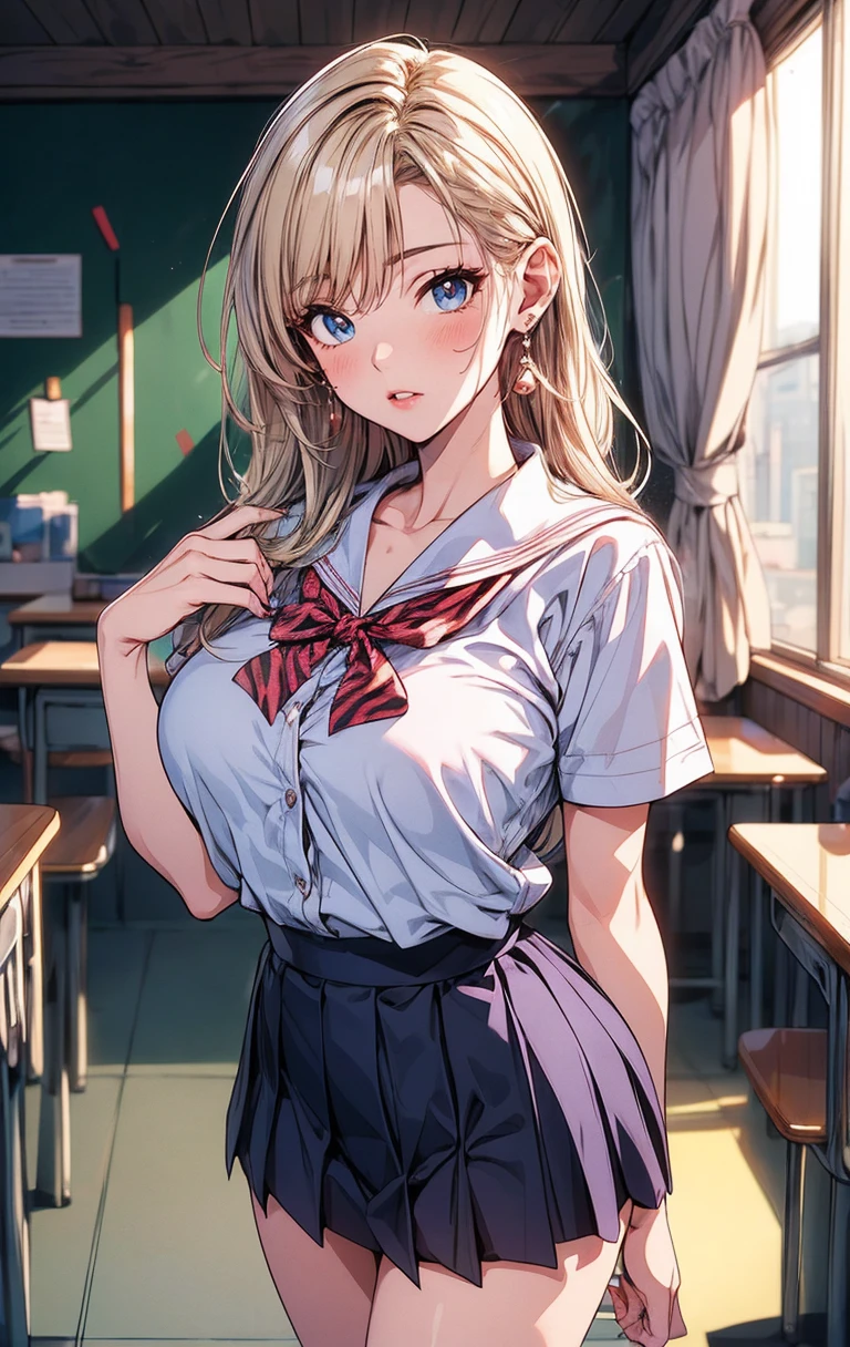 (((masterpiece))) (((background : school theme : classroom : bunch of bullies in the background ))) ((( character : teenager : Tzuyu : gyaru : fit body : lonng smooth blonde hair : earrings : school uniform : cleavage : sitting : perverted sinister grin )))