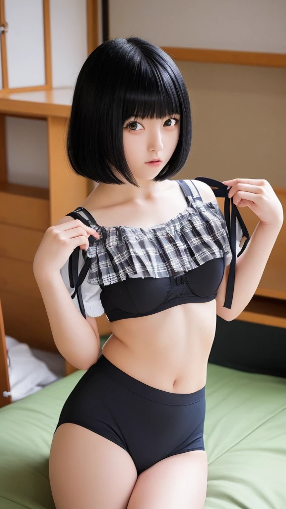 Panty shots, miniskirt, black hair, short hair, Japanese-style room, slightly thick legs