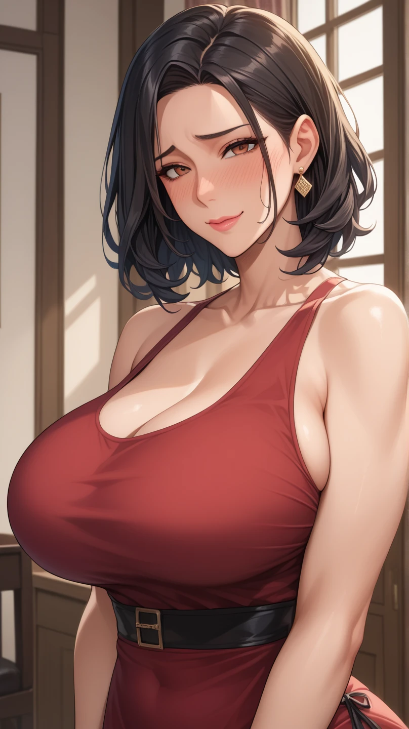 Hot sexy beautiful mature milf mom in house, long silver chandelier earrings,mature breasts, ,black hair , short hair,blush,red eyes,red lipstick, smiling, transparent white tank top,black pants,