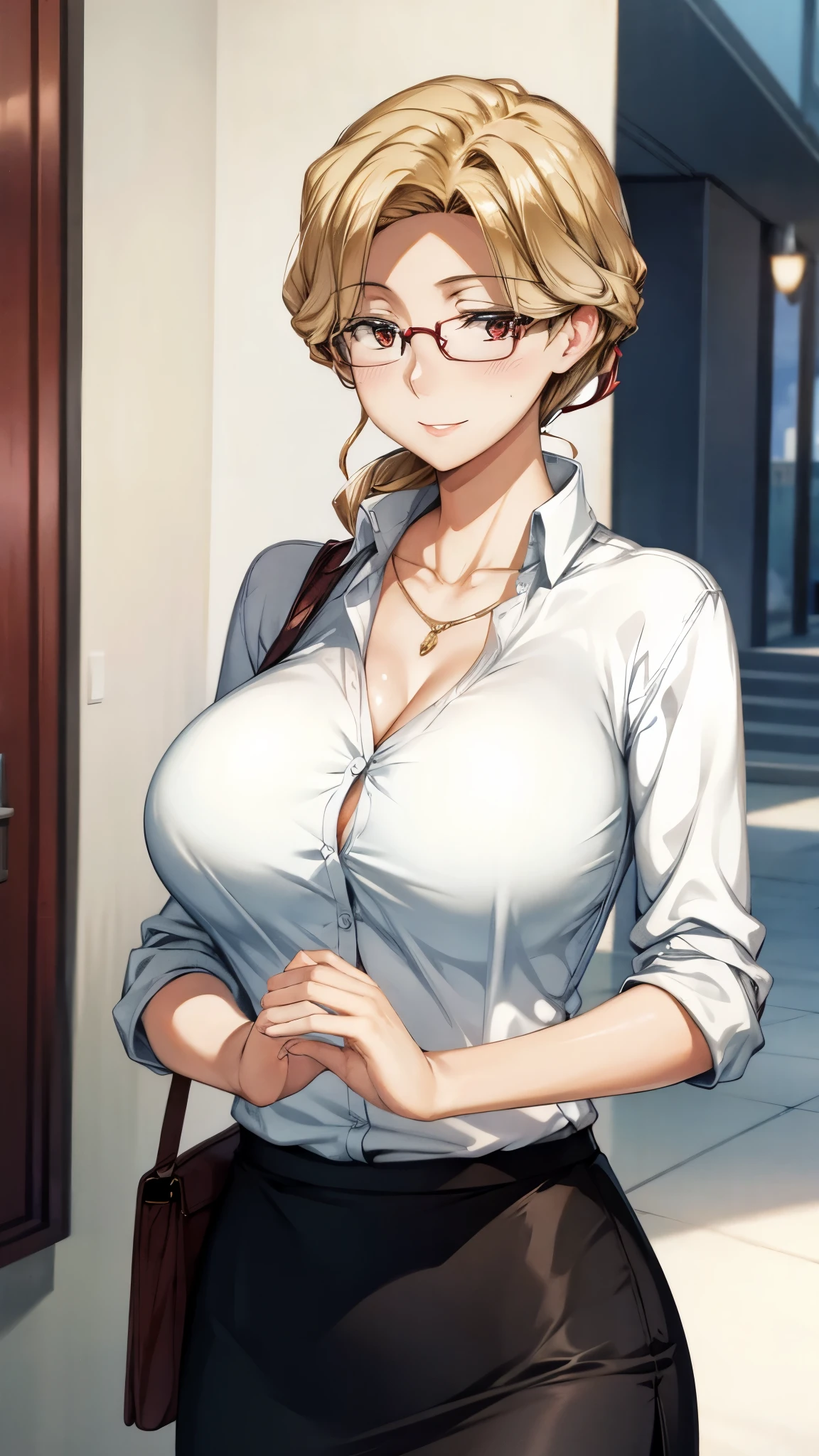 ((super high quality,Ultra-high resolution,16K,super masterpiece,Ultra HD ,Detailed shading,))A seductive mother,popped tight collar white blouse,Cleavage,Even the third button is undone.,Tight Skirt,smile,blush,Glasses,