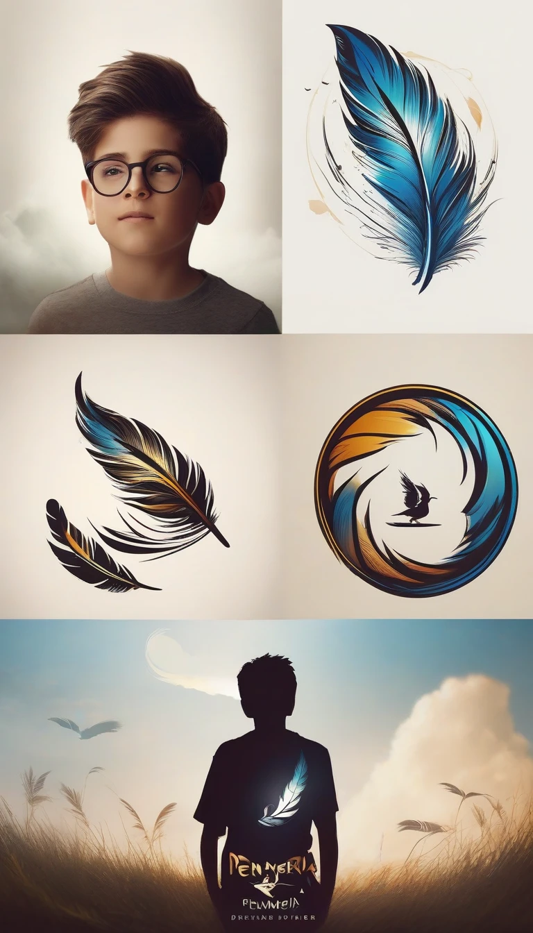 Create a professional, fantastic, cinematic dream-like Youtube Banner for a brand about music, stories, fantasy and dreams called " Penamemoria". Masterpiece, 4k, sharp focus, highest quality,wide shot. The title is " Penamemoria". Is a brand about the creative, unique journey of a boy into becoming a musician storyteller. In his journey he finds inspiration in a world of birds and feathers. Minimalistic, simple, poetic, dreamy logotype at the center of the image. The Background image is a world full of fantastic feathers, unique birds, light blue sky, soft white and light golden. Logo design of a face of a boy and a face of a feather
