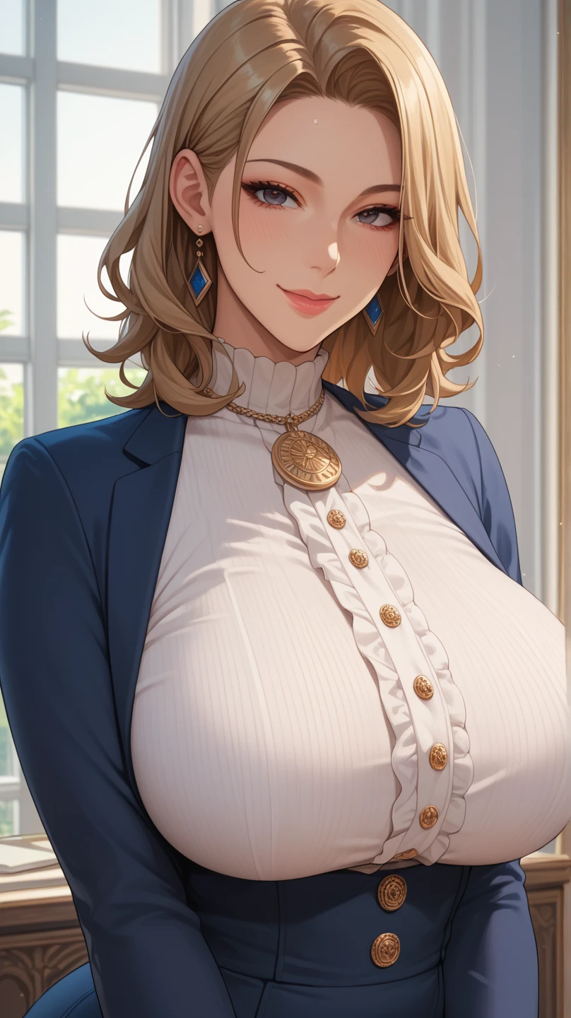 score_9, score_8_up, score_7_up, score_6_up, source_anime, 1girl, BREAK <lora:mercedes-pdxl-nvwls-v1:1> defMercie, blue eyes, low-tied long hair, hair over shoulder, capelet, white shirt, high-waist skirt, black skirt, blue leggings, big breasts, open shirt, cleavage, seductive smile, blush, looking at viewer, hallway, pulling own shirt, holding shirt
