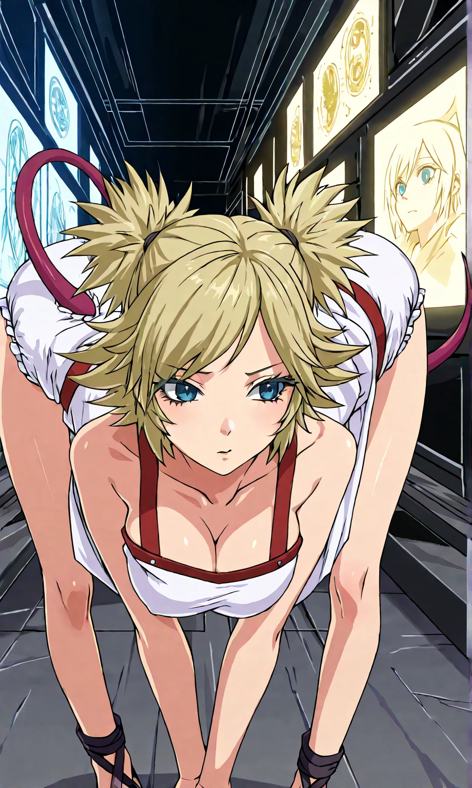 (masterpiece) (((((Highest quality))))((high resolution))))), Very detailed, Ultra-realistic, 、、、((((The background is a city))))、、(Big Breasts)、、Around town、building、tourist、、Embarrassed.、Blonde、Red Eye、Long Hair