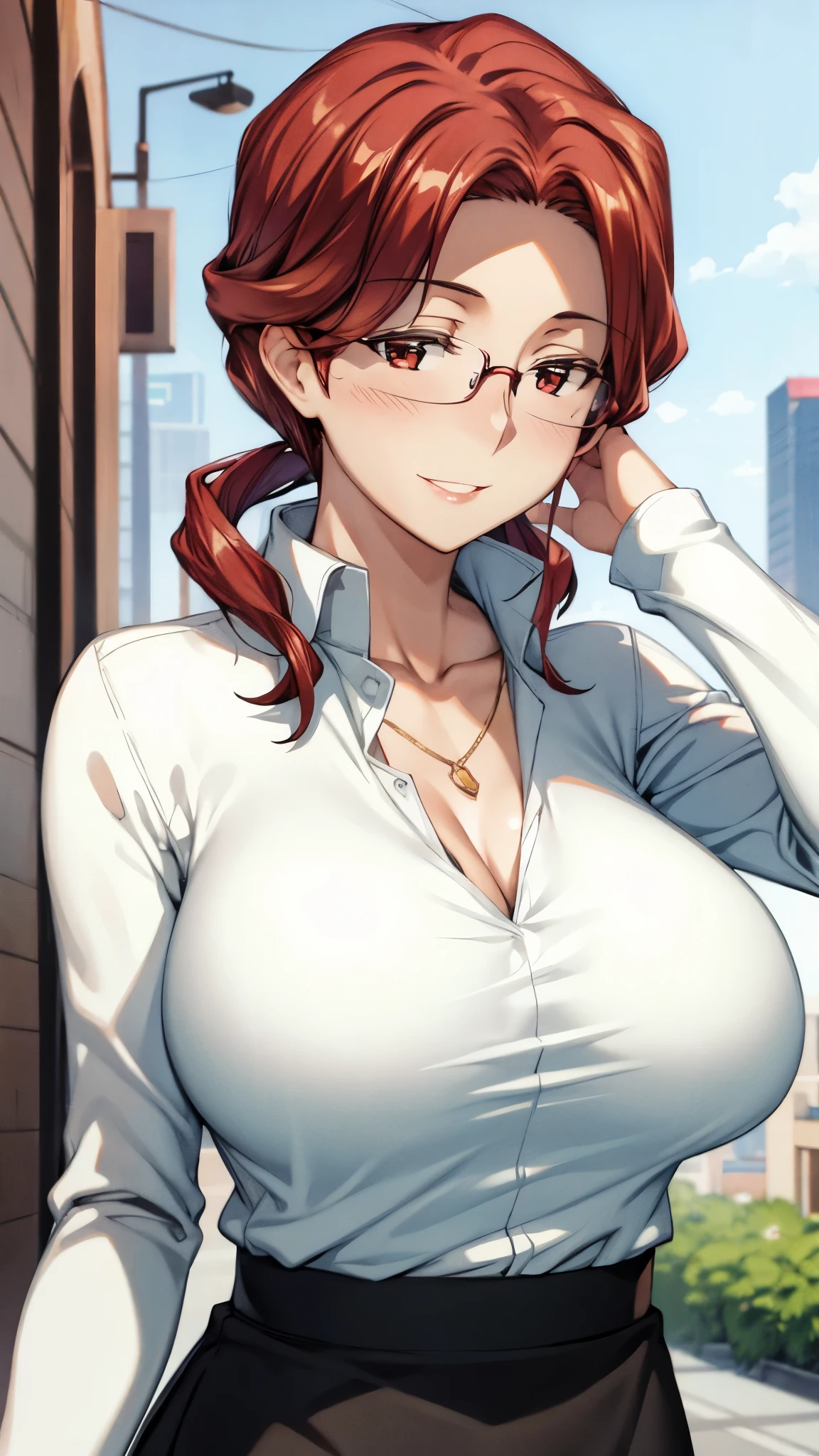 (super quality,Ultra High Definition,16k,Super Masterpiece,Ultra HD ,detailed shading and background,) upper body shot from below,sexy mature woman, Gold,glasses,sexy white shirt with folded sleeves,tight tight skirt,cleavage,necklace,Big Breasts,cover,smile,Open your lips a little,red lipstick,Morning in the city,place one hand on the side of your head,