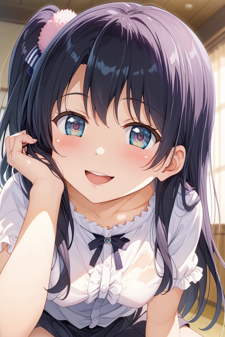 front view,1girl,Beautiful girl at ,Japanese,Slender,small breasts,Baby Face,Small face,Black Hair,Row Twin Tails,Gray Eyes,Drooping eyes,middle School girls,uniform,Summer clothes,Short sleeve,socks,Sheer shirt,ribbon,open mouth,tongue out,front face,kneel,Hands Behind Back,Put your chin forward,Beautiful and detailed anime art,Mischievous smile,front view,high angle, looking at viewer, looking ahead, from above,face focus,Sexy vibe,cum on tongue,Dimly lit room,Beautiful room,On the bed,blurry background