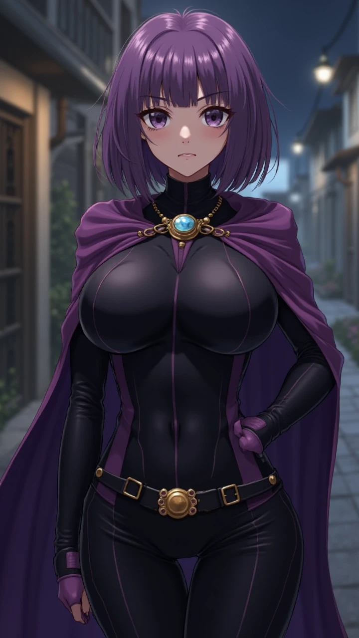 1girl,solo,RavenTT, dynamic post ,navy-blue cloak, brooch, highle leotard , belt,short hair,purple hair, purple eyes,makeup,black lipstick,grey skin,curvy,wide hips,cameltoe,outdoor, huge pussy