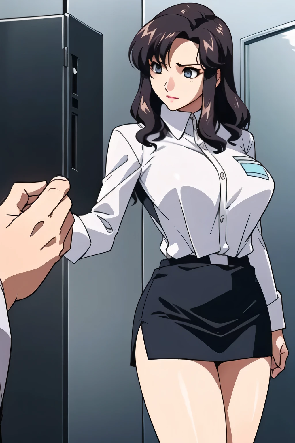 White high boots, (((office lady uniform))),(Please draw facial expressions more delicately),(white blouse),(black micro mini skirt)(blue panties),I'll do this myself、 amazing,I need it for work、don't frown,accurately drawing 5 fingers is very important for the work,, Inside the company , Big black wavy hair, , Big Breasts, thin waist , , ,a woman who is close to 40 and has mature sex appeal,