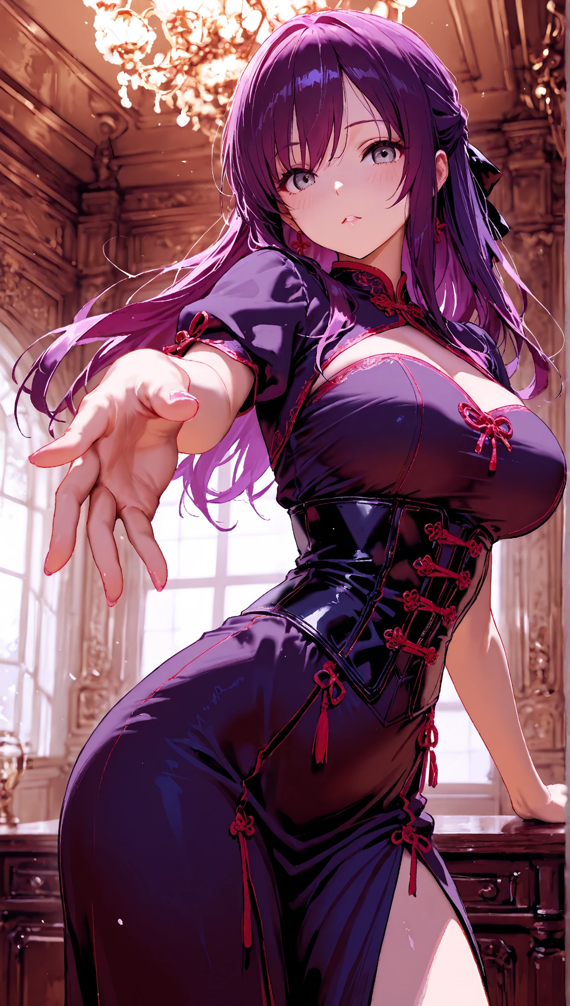 realisticlying,1girl,Blue hair,Purple eye,glowing light eyes,Cut the top,a skirt,parted lip,Be red in the face,the night,fresh flowers,suns,rays of sunshine,huge tit