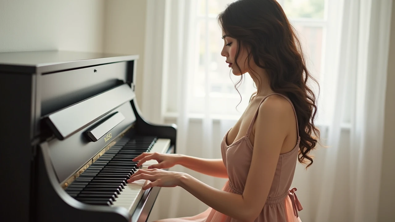 A very beautiful and glamorous 40-year-old white woman is a music teacher、dark brunette straight long hair,She is playing the piano in the music room in front of many students、She is wearing a very modest sheer white shirt and a black long skirt、Very glamorous figure、plump full body neat milf,super realistic mature's body and skin,very huge sagging tits,slight fat glamorous sexy figure,Traditional Music University、Her upper body is completely transparent in the sunlight from the window、Sheer, very large breasts、