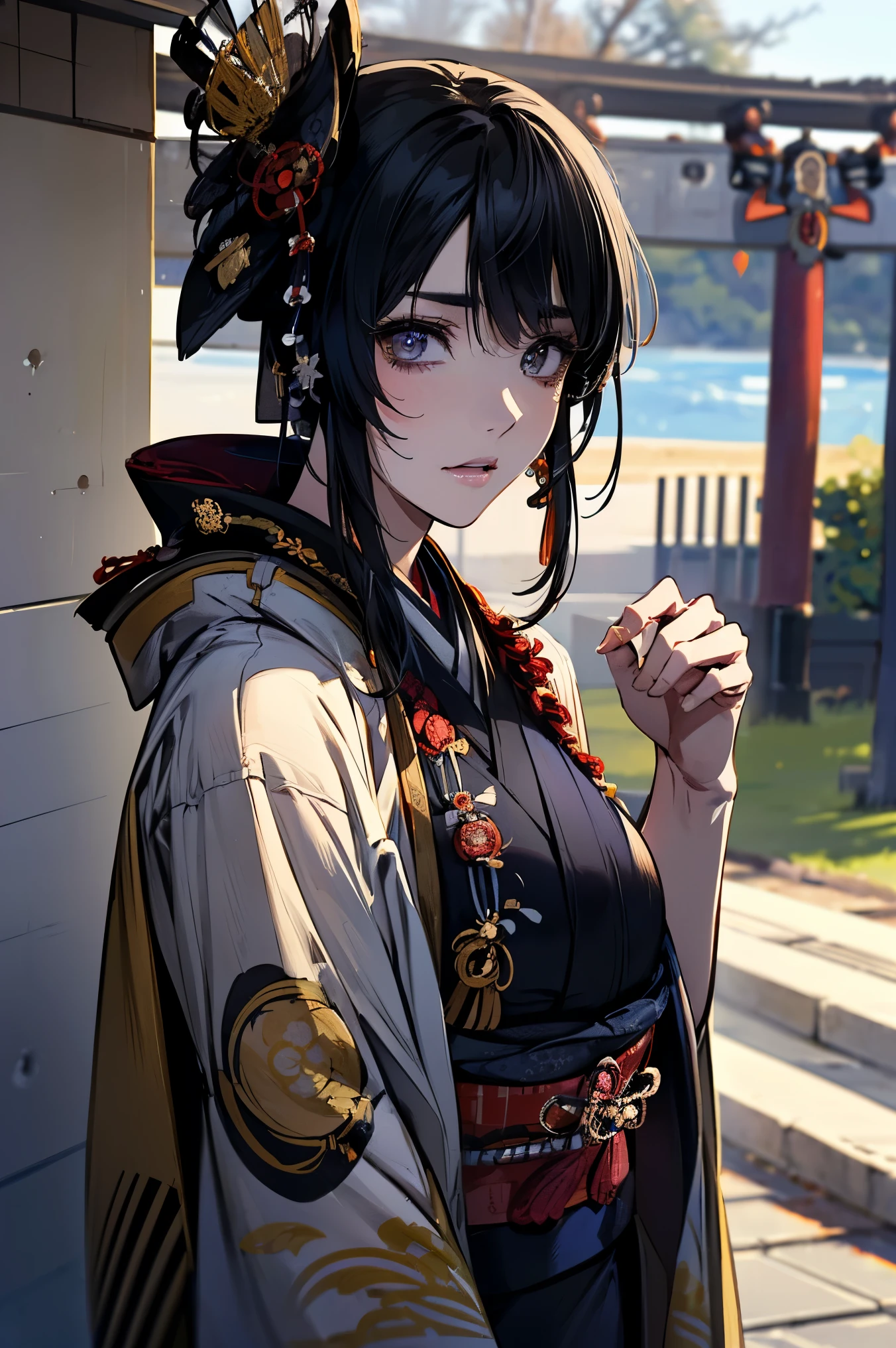 (masterpiece:1.5),beautiful hair,Beautiful Eyes,beautiful lips,Beautiful slender body,(Konno Anna:1.2),(Riho Yoshioka:1.1),(tired expression:1.3),(Riverside:1.4),bust illustration from the front ,((((An Extraordinary Beauty:1.7)))),(((( kimono,military jacket,Taisho Romance:1.5)))),((19-year-old single woman holding a fish in her hand:1.1)),(accurately depicted anatomically correct hands:1.1)black hair,long lashes,Three-dimensional, jewel-like eyes,Very delicate and beautiful CG,2. 5D illustration, anatomically accurate body, (Extremely precise illustrations:1.1),(Outdoors:1.4), (wallpaper:1.4),8k