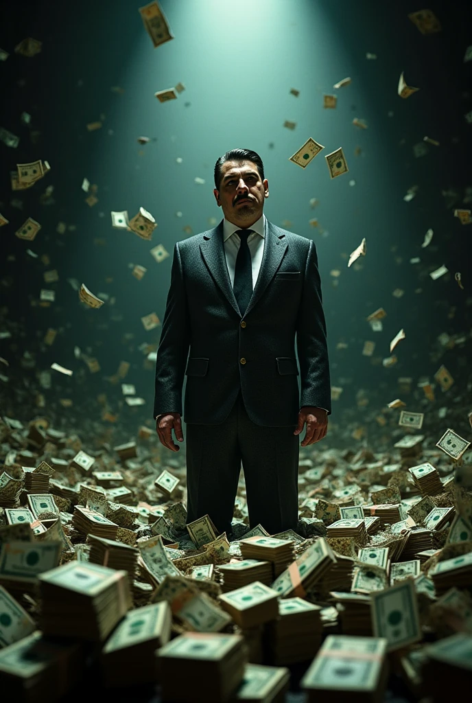 Create an image of a politician sitting in Brasilia under a shower of dollars while in the distance a hungry child is separated from him by a hole in the ground.