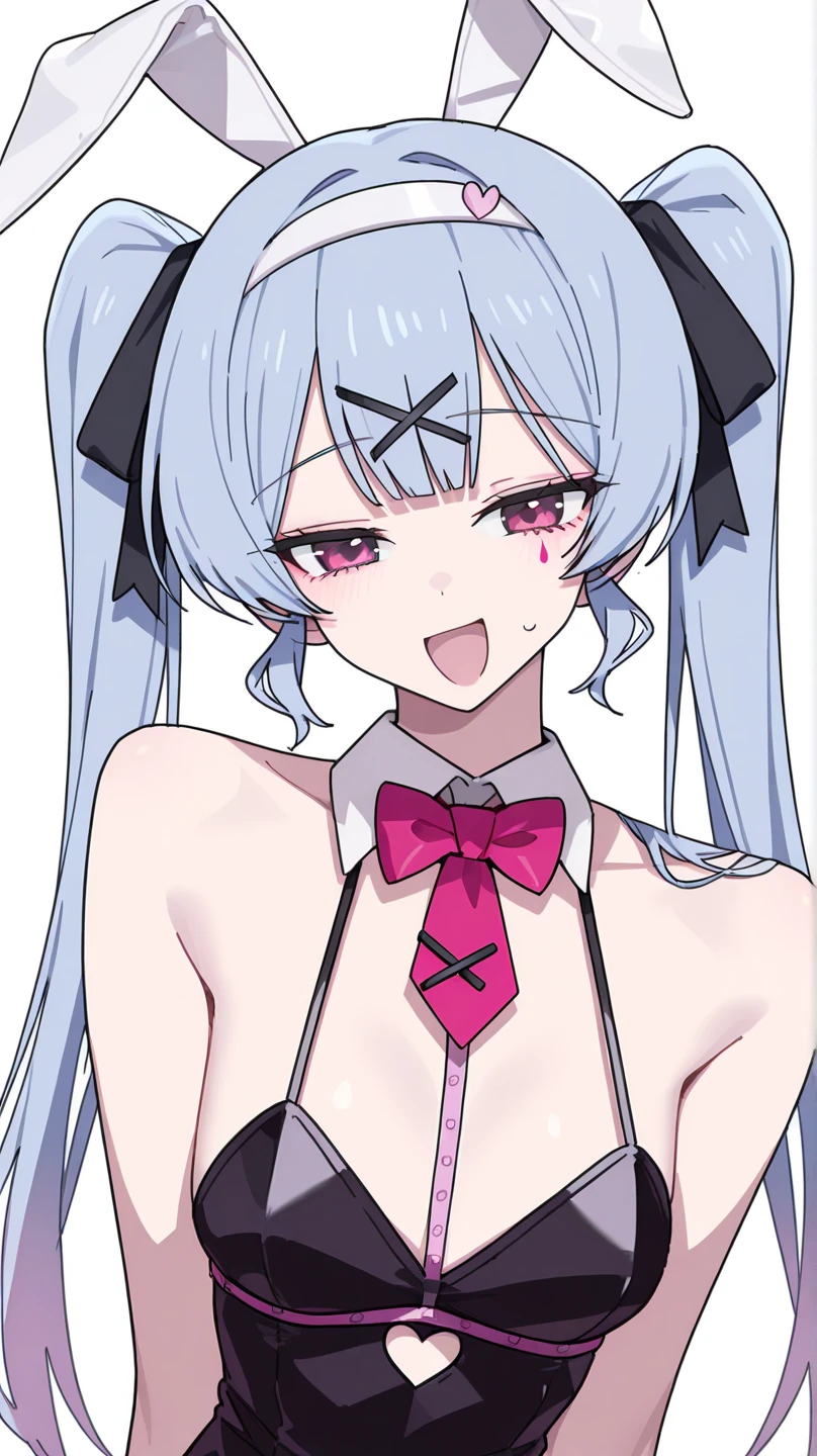 best quality, masterpiece, highres, solo, {asashimo_kantaicollection:1.15}, hair_over_one_eye, long_hair, grey_hair, ahoge, ponytail, grey_eyes, smile, bow, teeth, bowtie, sharp_teeth, 1girl, green_eyes, grin, looking_at_viewer, simple_background, white_background, swimsuit, upper_body, one-piece_swimsuit